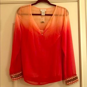 Soft surroundings ombré sheer top w beaded cuffs S